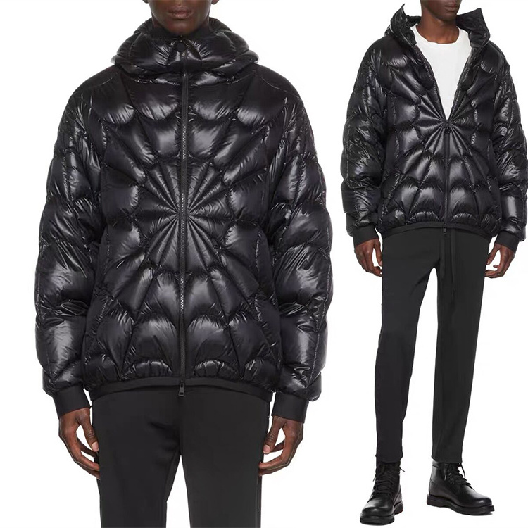 high street new fashion custom bubble jacket spider web padded cotton men winter jackets black shiny puffer jacket