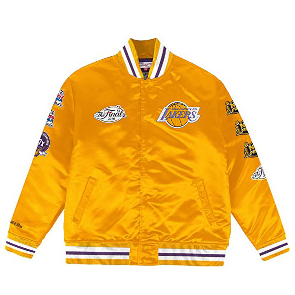 Factory Directly Custom  basketball team chenille patched embroidery logo Mens Gold Long Sleeve Satin Jacket