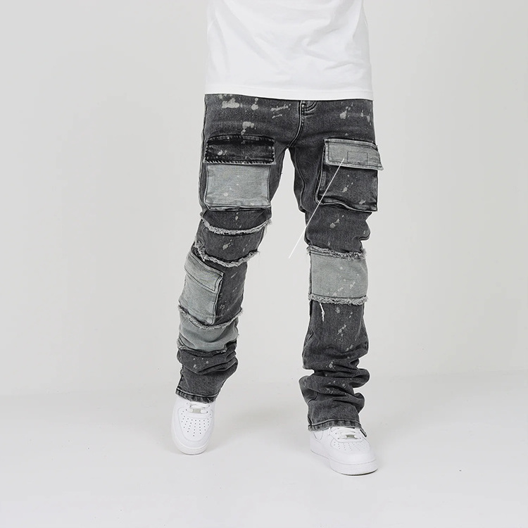 New arrival black washed denim pants men wholesale custom utility pockets stacked jeans bootcut jeans flare