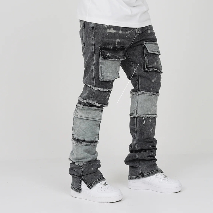 New arrival black washed denim pants men wholesale custom utility pockets stacked jeans bootcut jeans flare