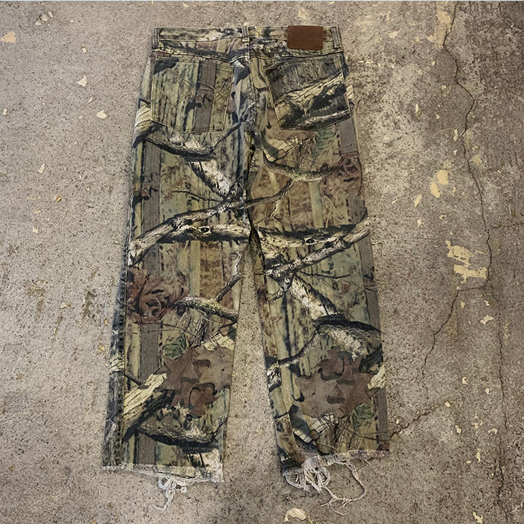 HL manufacture tree camo retro distressed raw hem denim jeans wholesale custom heavyweight straight leg mens rip print jeans