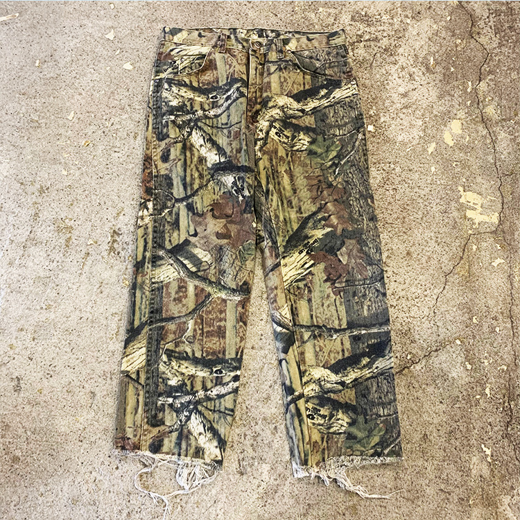 HL manufacture tree camo retro distressed raw hem denim jeans wholesale custom heavyweight straight leg mens rip print jeans