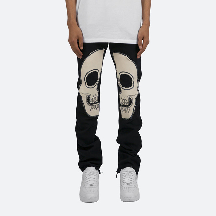 Huili customized wholesales straight leg jeans applique embroiodery  skeleton denim pants for man