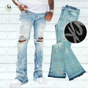 huili wholesale new ripped distressed jeans custom hip hop flare jeans men high quality rhinestone jeans