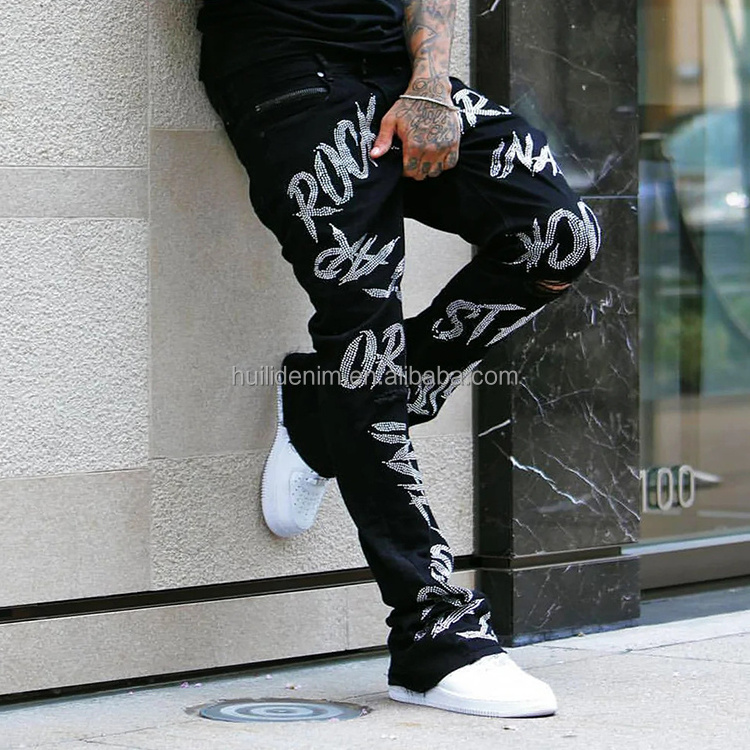 huili wholesale new ripped distressed jeans custom hip hop flare jeans men high quality rhinestone jeans