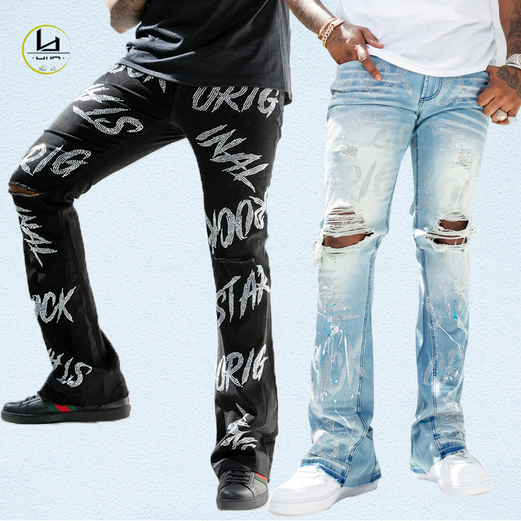 huili wholesale new ripped distressed jeans custom hip hop flare jeans men high quality rhinestone jeans