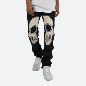 Huili customized wholesales straight leg jeans applique embroiodery  skeleton denim pants for man