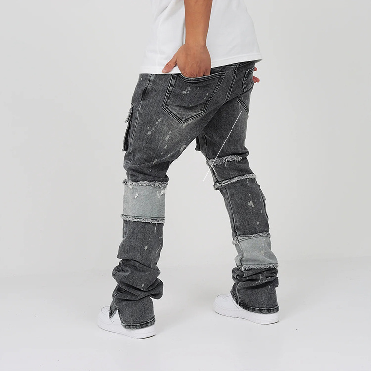 New arrival black washed denim pants men wholesale custom utility pockets stacked jeans bootcut jeans flare