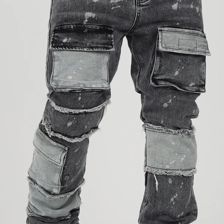 New arrival black washed denim pants men wholesale custom utility pockets stacked jeans bootcut jeans flare