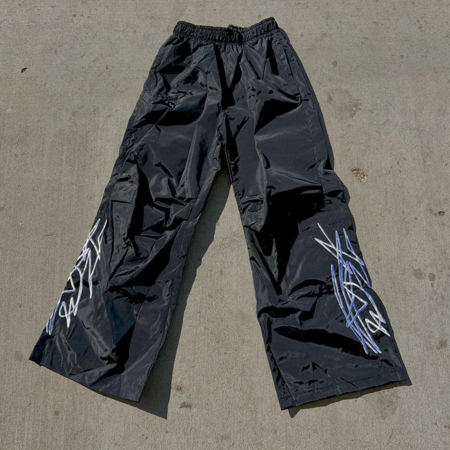 Huilin Oem Wholesale Elastic Waist Nylon Track Sweatpants Men Custom Printing Logo Straight Wide Leg Baggy Track Pants