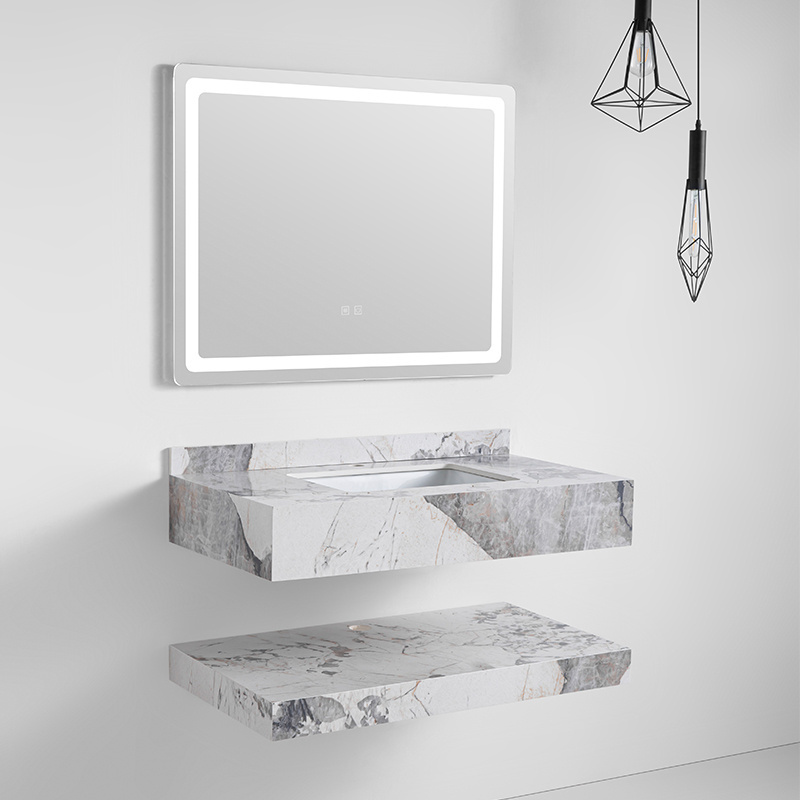 Modern Rock Board Countertop Natural Stone Basin Marble Sink Bathroom Cabinets With Led Mirror