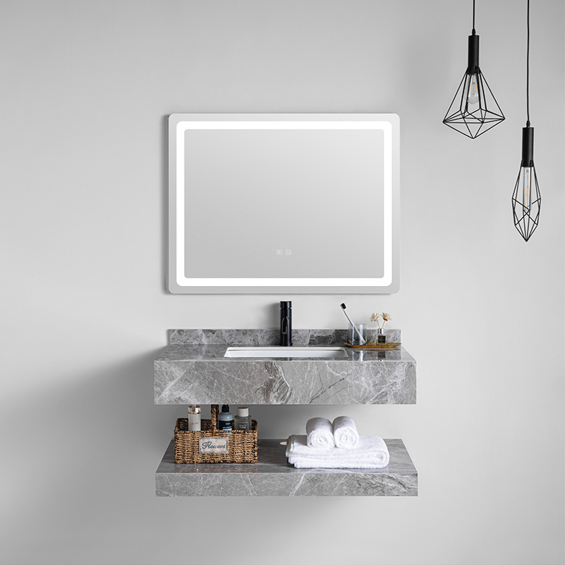 Modern Rock Board Countertop Natural Stone Basin Marble Sink Bathroom Cabinets With Led Mirror