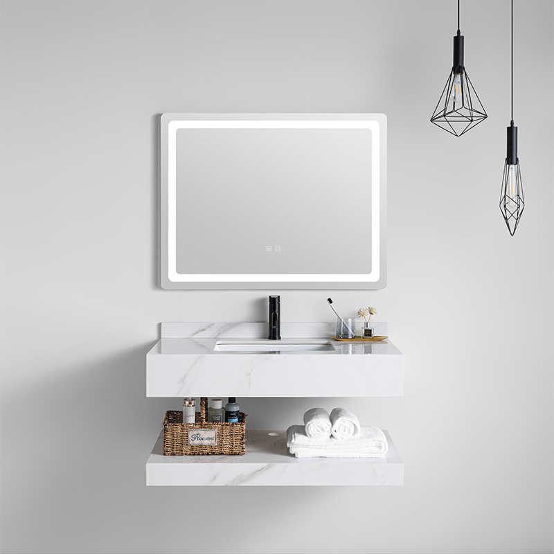 Modern Rock Board Countertop Natural Stone Basin Marble Sink Bathroom Cabinets With Led Mirror