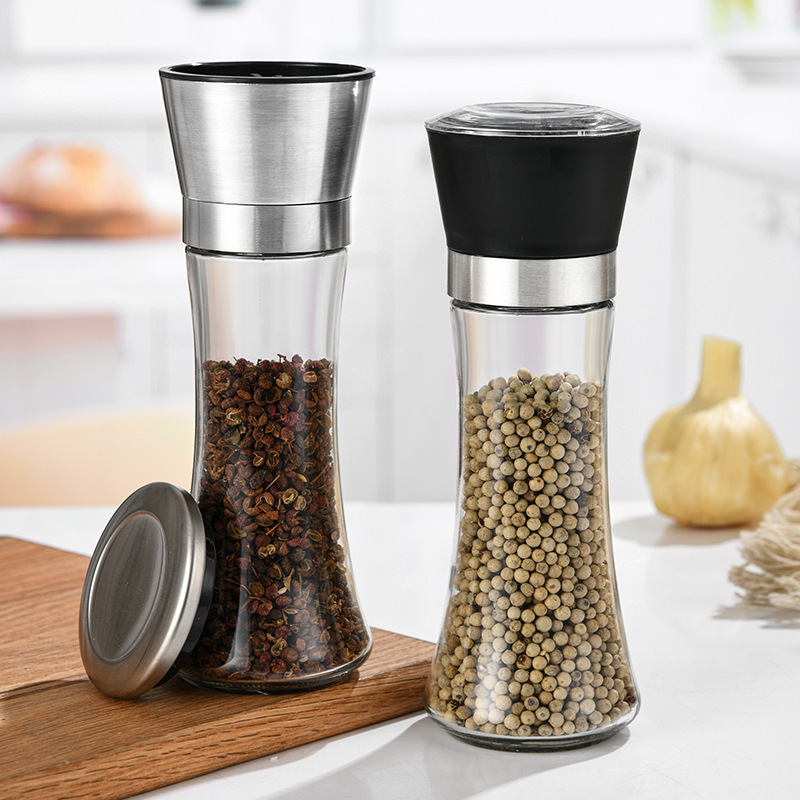 Kitchen Adjustable Manual Salt And Pepper Mill Set Glass Bottle Ceramic Core Stainless Steel Chili Salt And Pepper Grinder