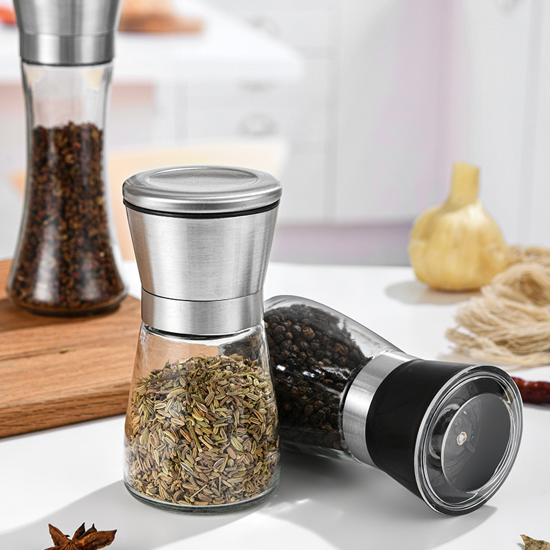 Kitchen Adjustable Manual Salt And Pepper Mill Set Glass Bottle Ceramic Core Stainless Steel Chili Salt And Pepper Grinder