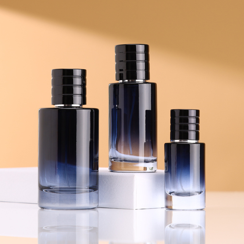 Custom Empty Round 25ml 50ml 100ml Dark Blue Gradient Color Cosmetic Glass Packaging Perfume Bottle