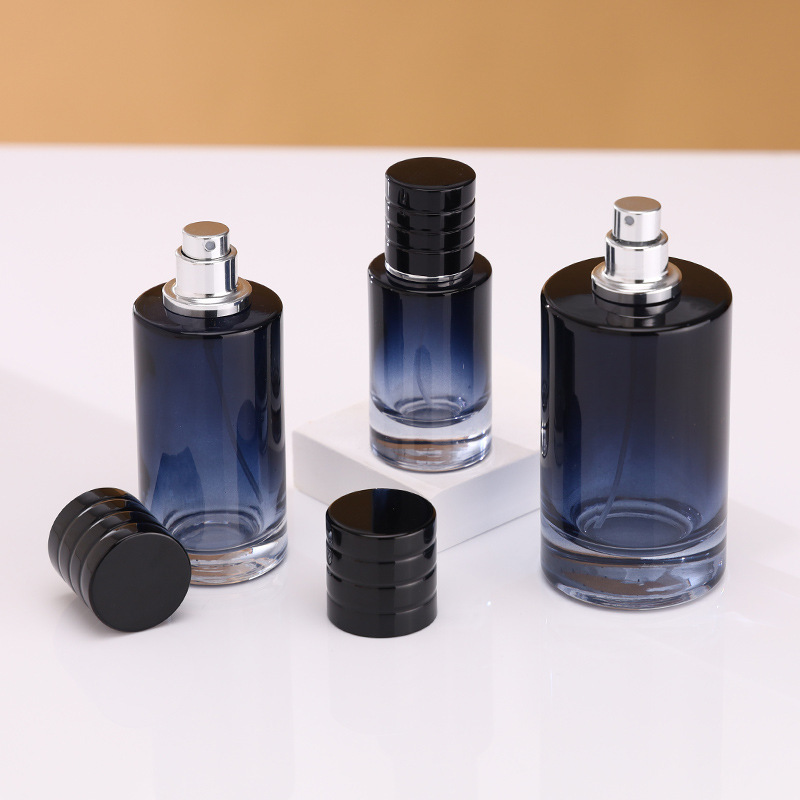 Custom Empty Round 25ml 50ml 100ml Dark Blue Gradient Color Cosmetic Glass Packaging Perfume Bottle