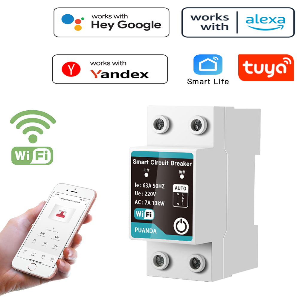 TUYA WIFI Smart Circuit Breaker With Metering 1P 63A Rail DIN for Smart Home Wireless Remote Control Switch For App