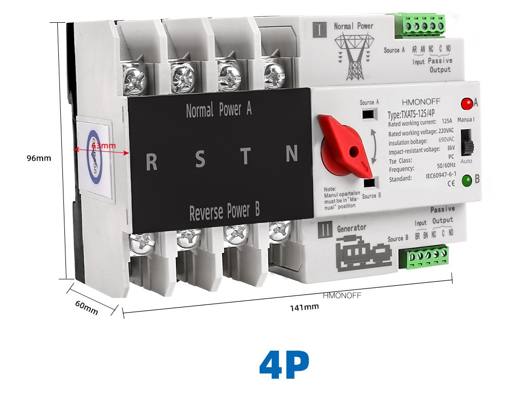 ATS 2 Phase AC Dual Power Manual Controller Changeover Auto Automatic Transfer Switch Generator 6A~63A