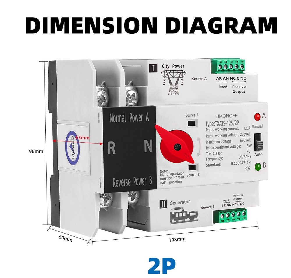 ATS 2 Phase AC Dual Power Manual Controller Changeover Auto Automatic Transfer Switch Generator 6A~63A