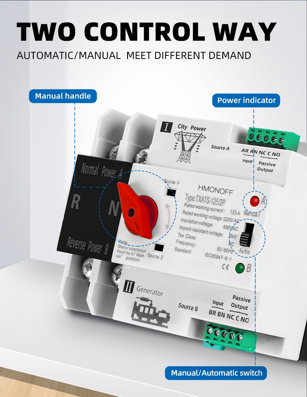 HMONOFF new Dual power automatic transfer switch ats 100A automatic transfer switching2P 125A CB Class