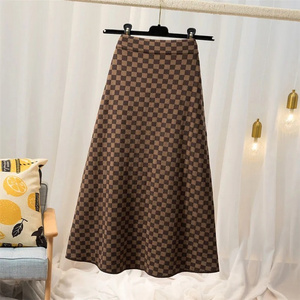 Customizable autumn and winter retro classic heckerboard knitted skirt high waist mid-length a-line big swing skirt womens skirt