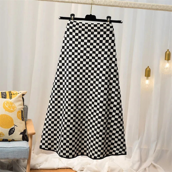 Customizable autumn and winter retro classic heckerboard knitted skirt high waist mid-length a-line big swing skirt womens skirt