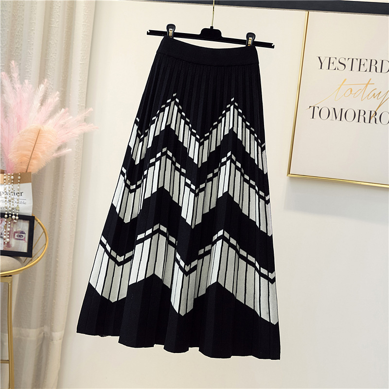 2022 new women's autumn and winter high waist pleated umbrella skirt mid-length stitching elastic knitted a-line long skirt