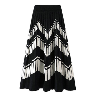 2022 new women's autumn and winter high waist pleated umbrella skirt mid-length stitching elastic knitted a-line long skirt