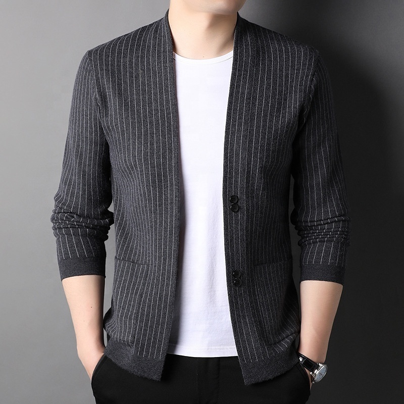 Spring and Autumn New Korean Men's Clothing With Pockets Fashion Jacquard Striped Slim Long Sleeve Knit Sweater Cardigan Men