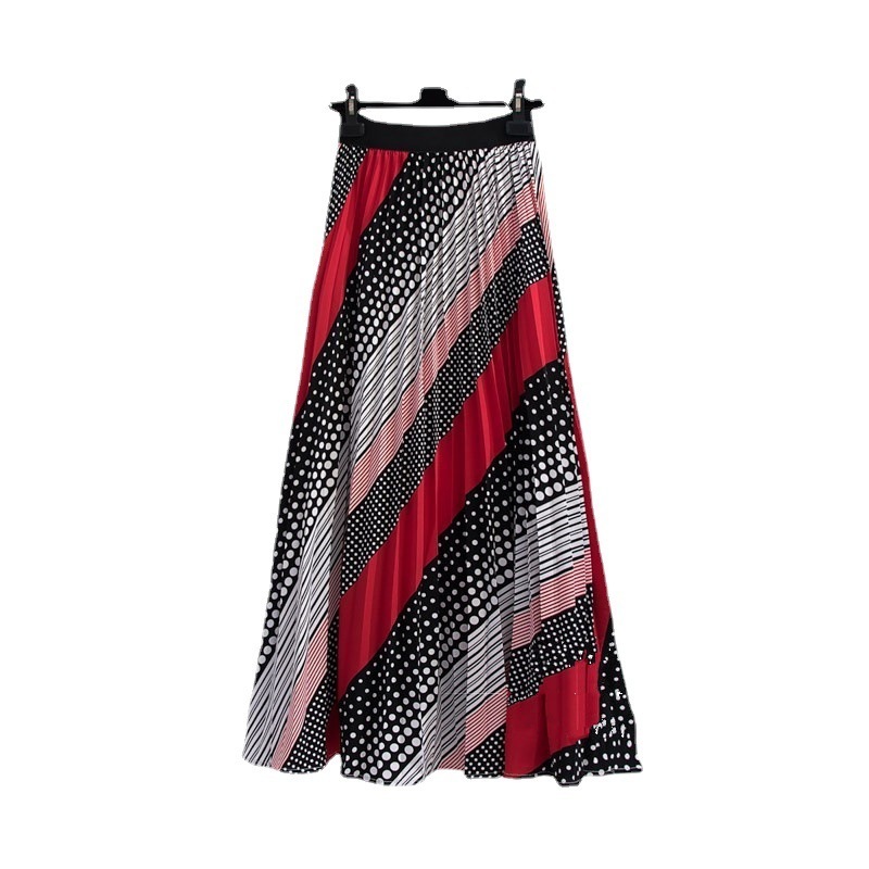 Europe and the United States new contrast color wave point fashion all-match diagonal stripe stitching printed pleated skirt