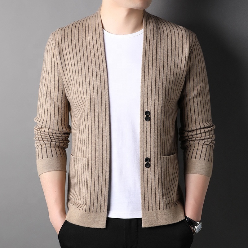 Spring and Autumn New Korean Men's Clothing With Pockets Fashion Jacquard Striped Slim Long Sleeve Knit Sweater Cardigan Men