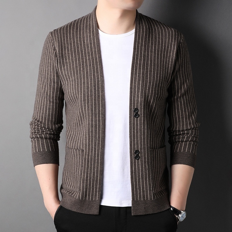 Spring and Autumn New Korean Men's Clothing With Pockets Fashion Jacquard Striped Slim Long Sleeve Knit Sweater Cardigan Men