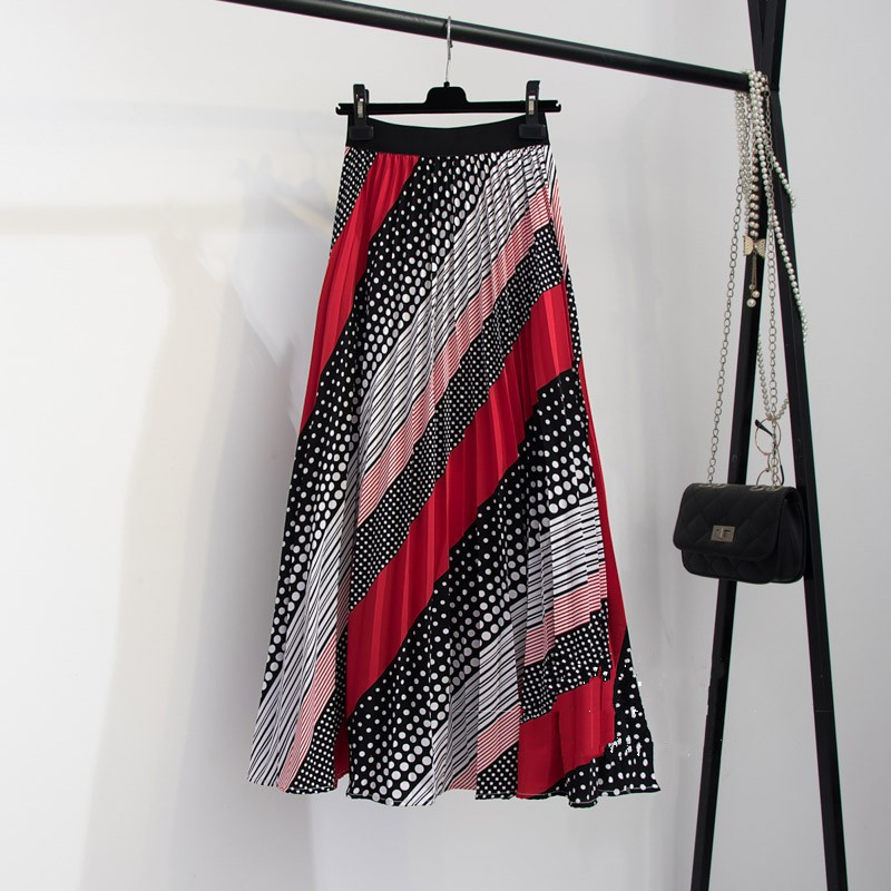 Europe and the United States new contrast color wave point fashion all-match diagonal stripe stitching printed pleated skirt