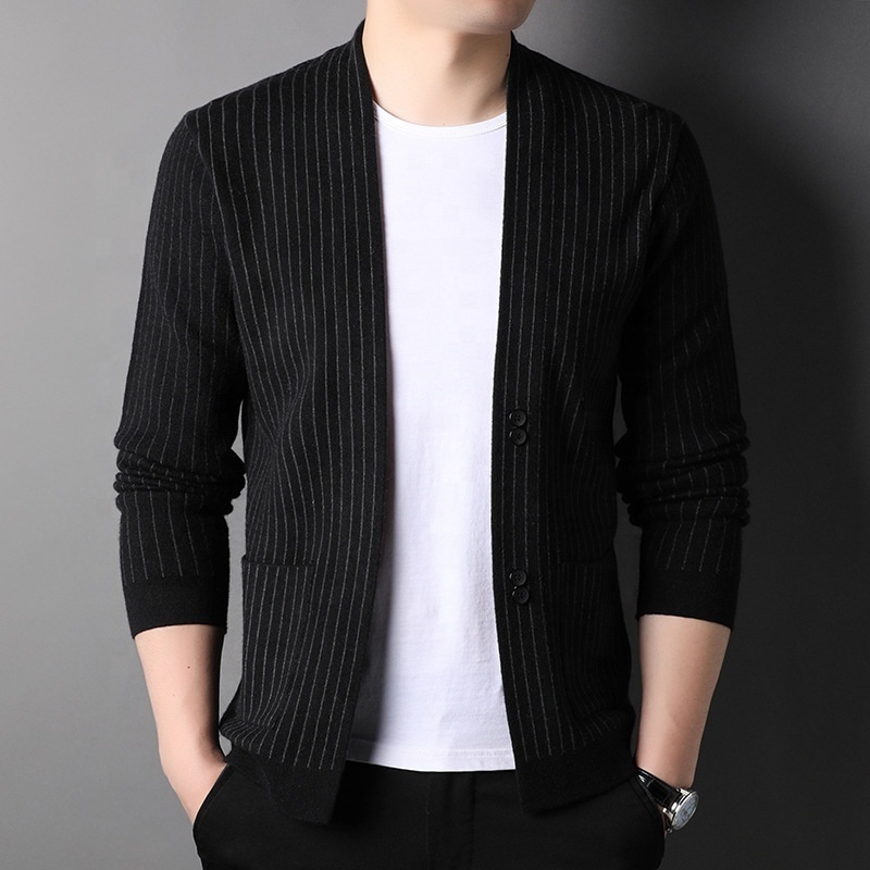 Spring and Autumn New Korean Men's Clothing With Pockets Fashion Jacquard Striped Slim Long Sleeve Knit Sweater Cardigan Men