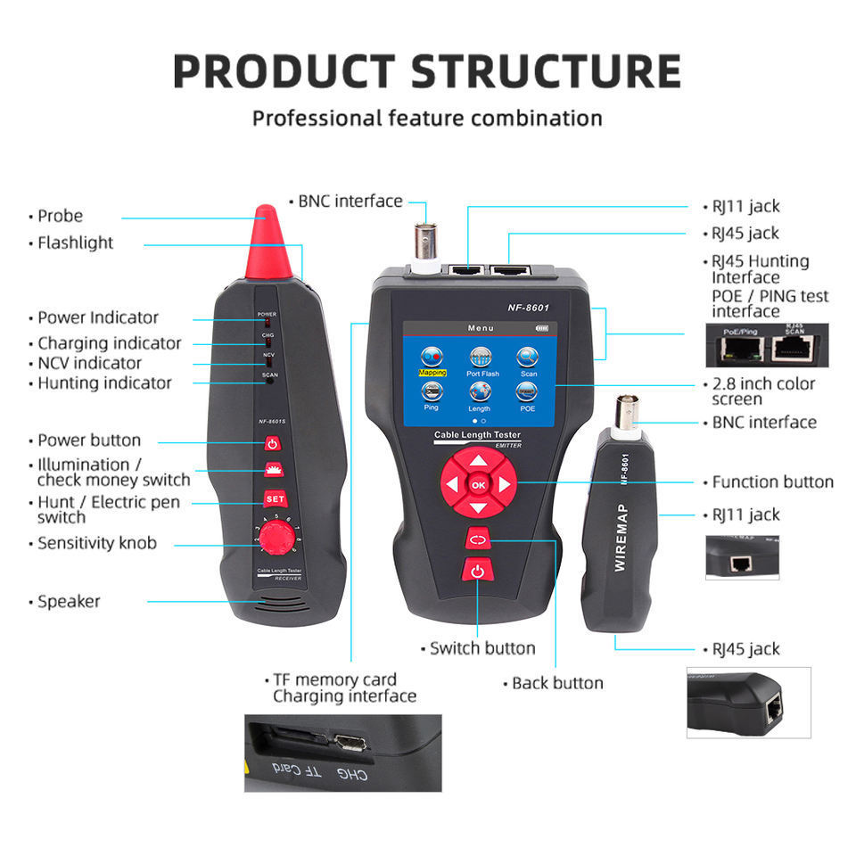 Noyafa Factory distribute test Ethernet lan cable tester with 8 remotes NF-8601W