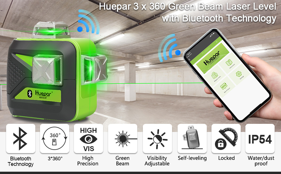 HUEPAR Self-leveling Laser 603CG BT ,Cross Line BT Connectivity Green linelaserlevel  3D Laser Level