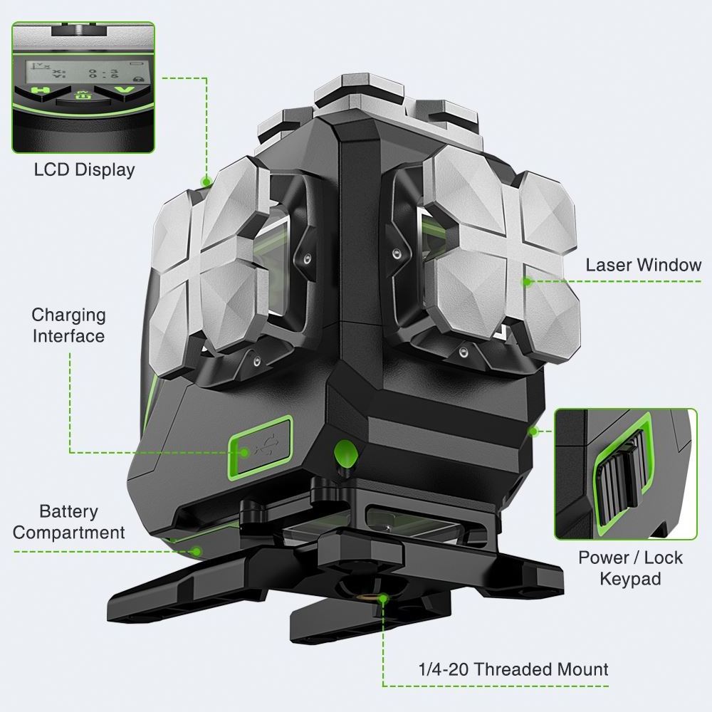 Huepar S03DG with LCD Display& Bluetooth&Remote Control Outdoor Pulse Mode 3D Green Beam 12 Line Nivel green floor Laser Level