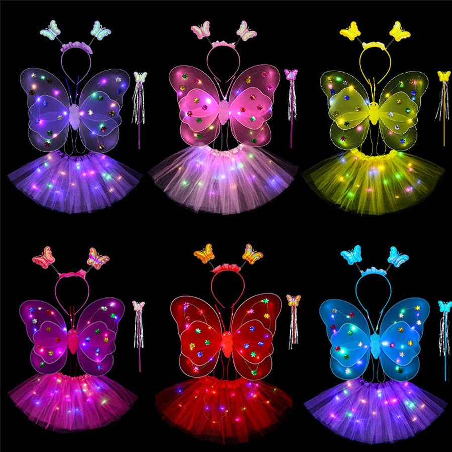 Glowing Butterfly Wings LED Flashing Magic Wand Flower Fairy Set Wonderful Party Decor Girls' Graduation Ramadan Celebration