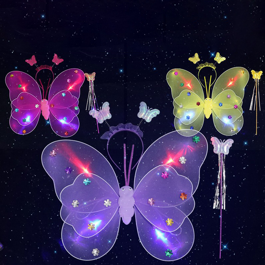 Glowing Butterfly Wings LED Flashing Magic Wand Flower Fairy Set Wonderful Party Decor Girls' Graduation Ramadan Celebration