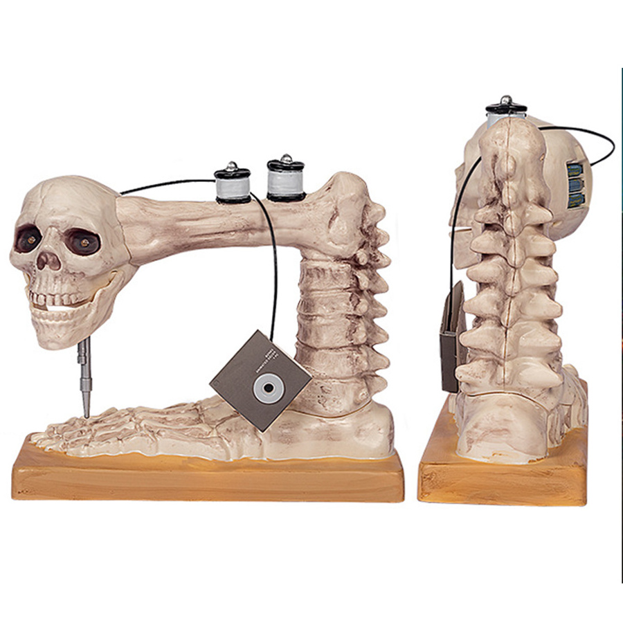 A voice-activated sewing machine is decorated with a moving skeleton Halloween prop