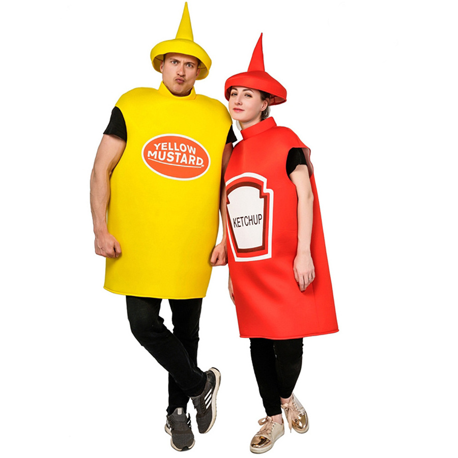 Halloween Adult Red Yellow Male and Female Couples Mustard Ketchup Costume Carnival Funny Role Play Stage Costumes