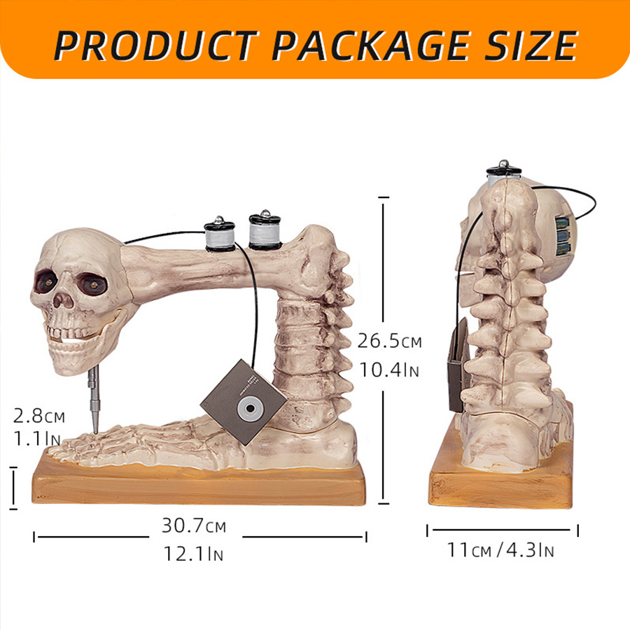 A voice-activated sewing machine is decorated with a moving skeleton Halloween prop