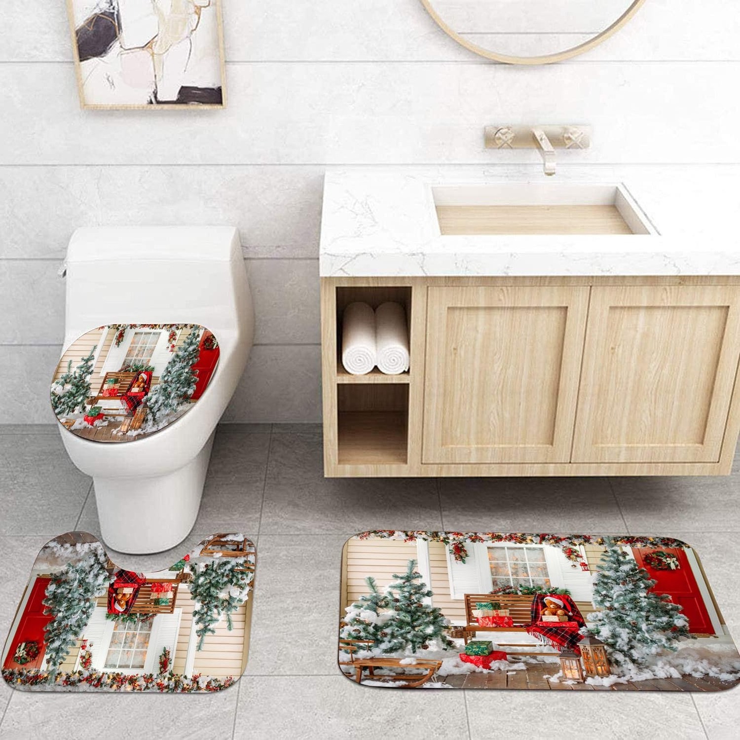 Christmas Printing Custom Design bathroom rug set 4 Pcs bathroom shower curtain set