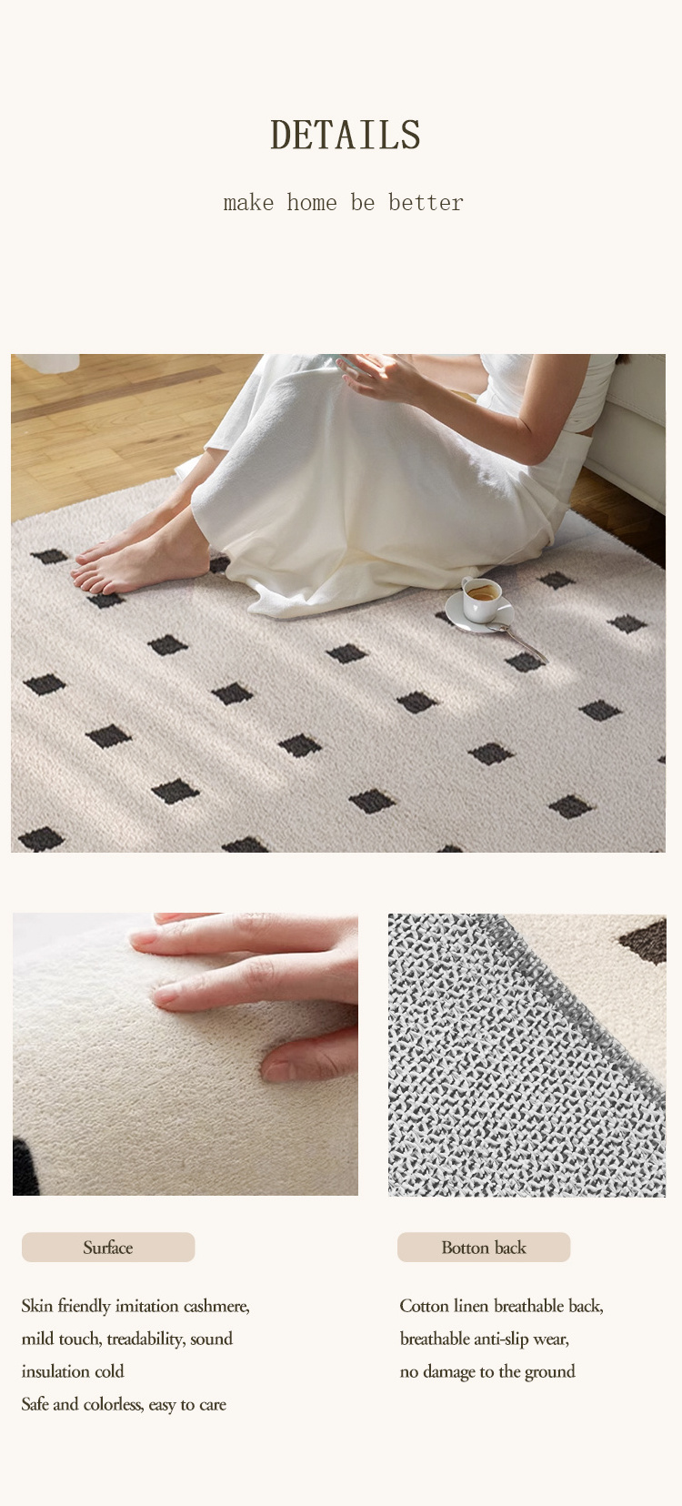 Japanese  cashmere -like carpet living room full sofa coffee table blanket cream air absorbent anti-slip bedroom bed rug