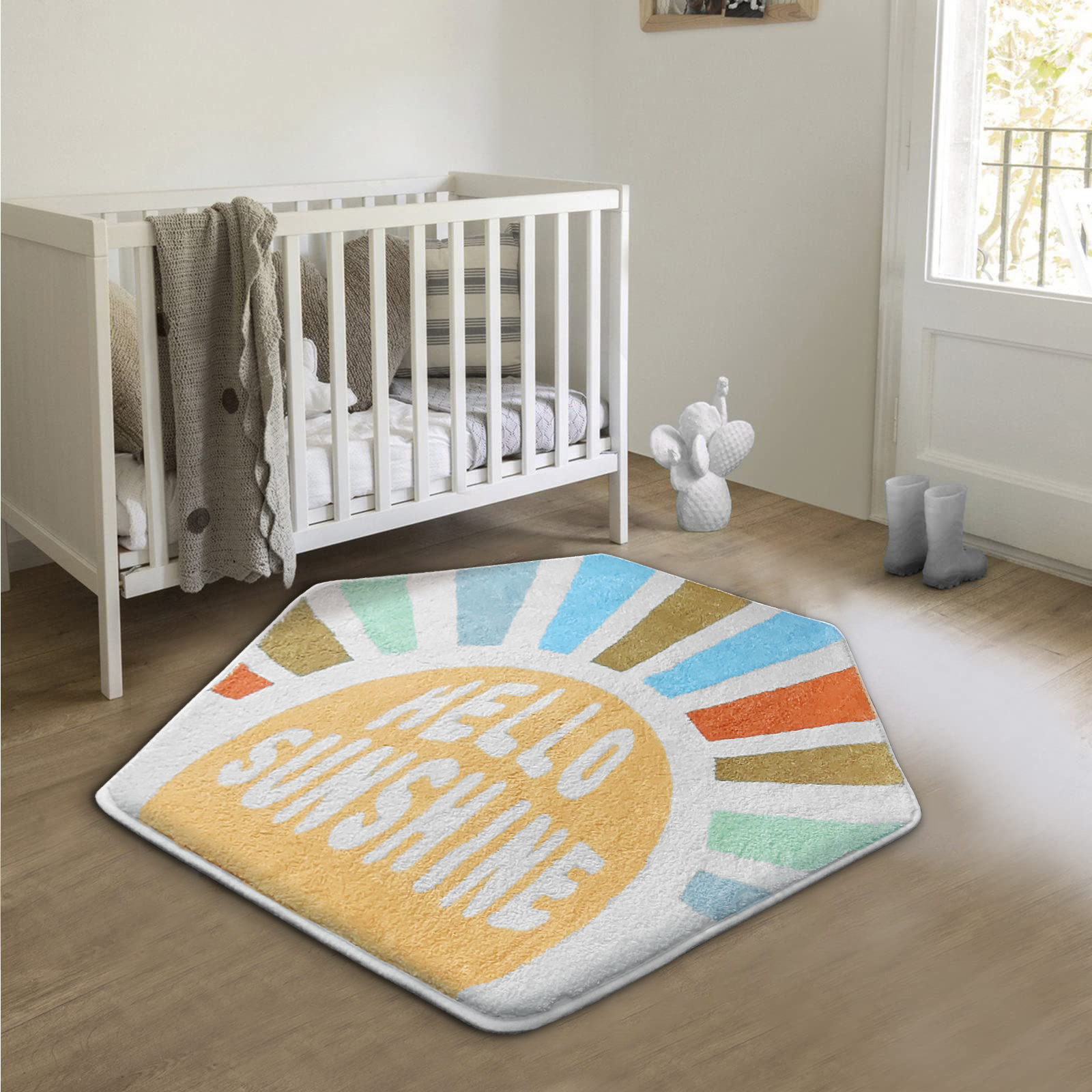 Sunshine Hexagon Non-Slip Nursery Rug Ultra Soft Play Carpet Rainbow Rug for Baby Girls Bedroom