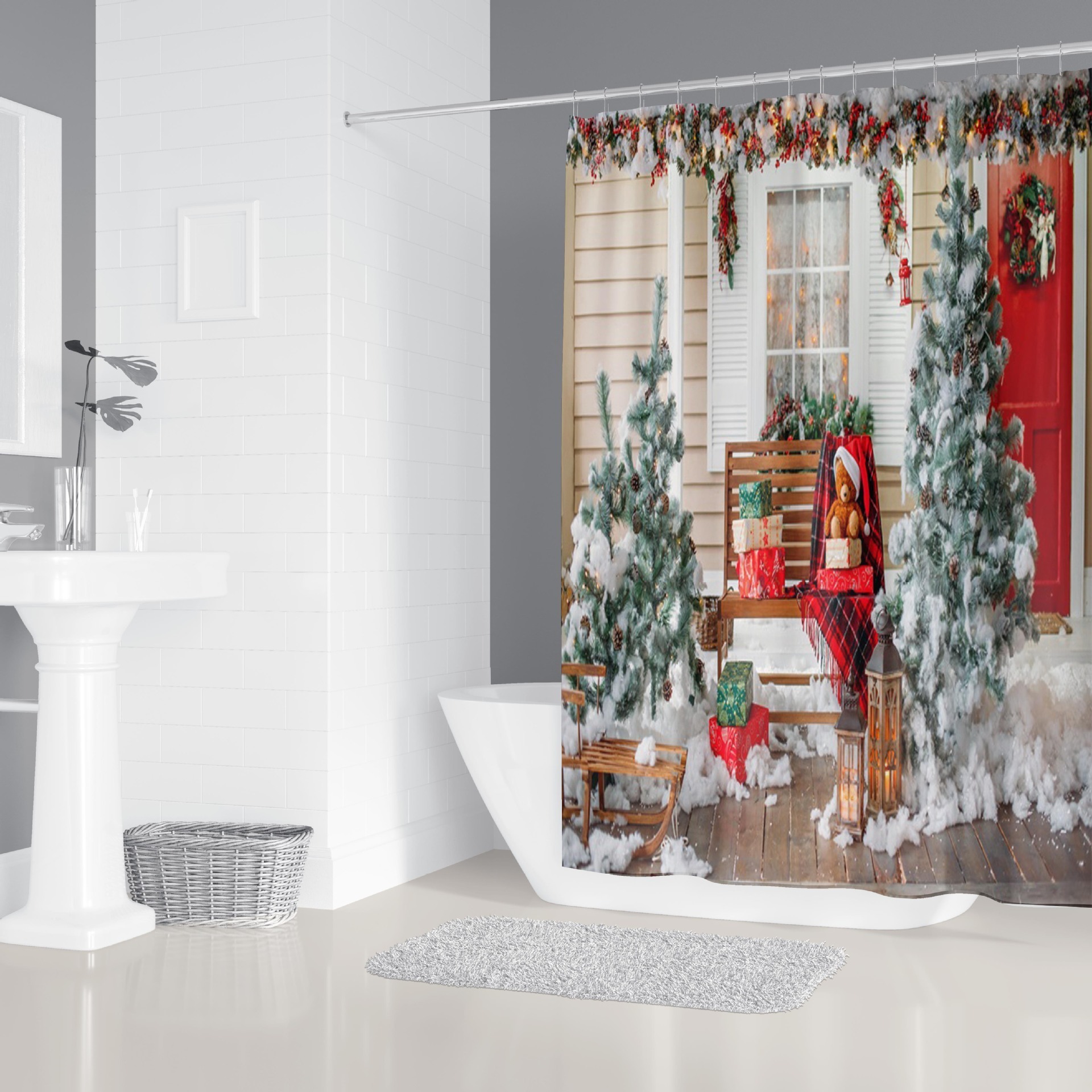 Christmas Printing Custom Design bathroom rug set 4 Pcs bathroom shower curtain set