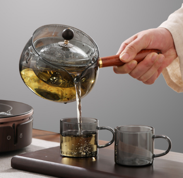 360 rotating glass material teapot with infuser semi automatic glass teapot