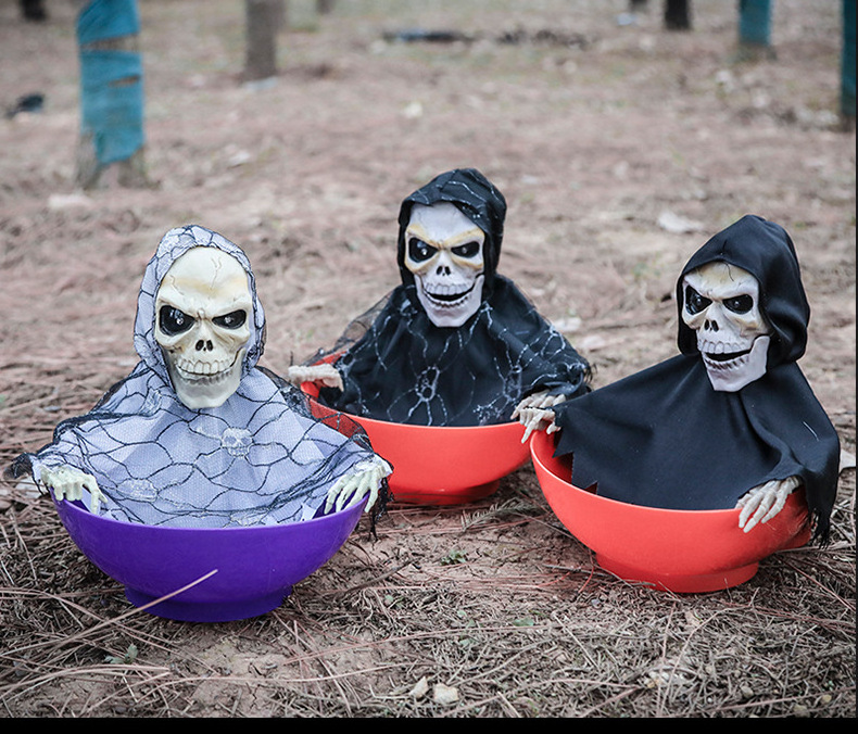 Halloween Decoration Candy Holder Bowl Electric Animate Light Up Skeleton for Outdoor Party