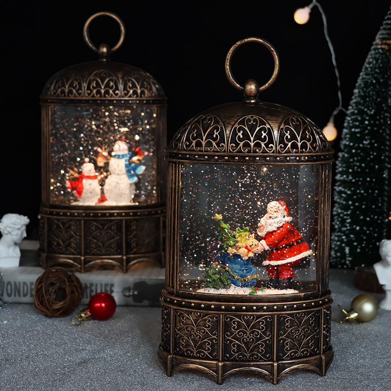 Christmas Snow Globe Lantern with Music Bird Cage Santa Claus Glittering Singing Lighted Lantern Lamp for Christmas Home Decor